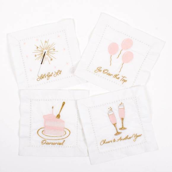 NEW 8 OAK LANE birthday girl 4pc cloth cocktail napkin set in white - Picture 1 of 2